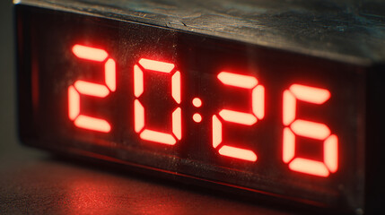 Red LED digital display showing 2026 number for New Year countdown on dark background