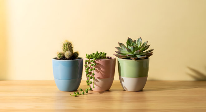 Colorful Potted Succulents and Cactus on Wooden Table Background
