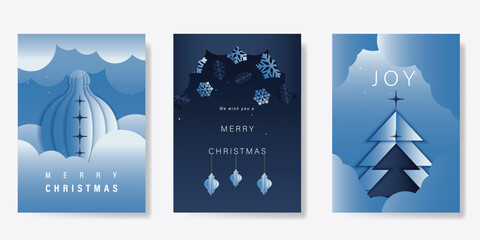 Christmas paper craft style  invitation card design vector. Christmas pine leaves, snowflake, ornamental decoration. Design illustration for cover, print, poster, ads.