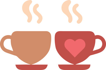 Two steaming coffee cups with a heart symbol between them representing love and romance isolated on white background.