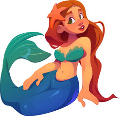 Underwater fantasy redhead mermaid princess cartoon character. Young mermaid happy character, pretty fantasy sea princess vector mascot. Underwater fairytale girl personage with starfish in hair