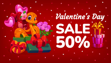Cute cartoon snake with gifts on Valentines day sale banner. Winter season sale vector card, St Valentine celebration discount flyer with cute snake character, gift boxes, peonies and balloons