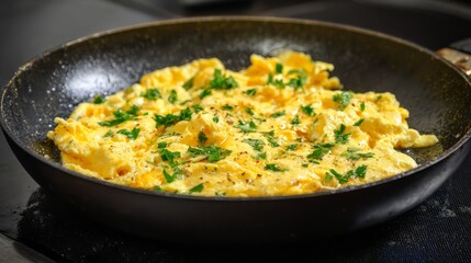 Close-up of golden scrambled eggs cooking in a nonstick frying pan with steam rising, perfect breakfast food concept with soft, fluffy texture and fresh morning meal inspiration