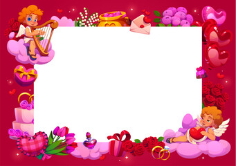 Valentines day greeting card or banner frame. Saint Valentine holiday vector greeting card, romance party banner. Love day poster frame with cupids on cloud, balloons, flowers and gifts, wedding cake