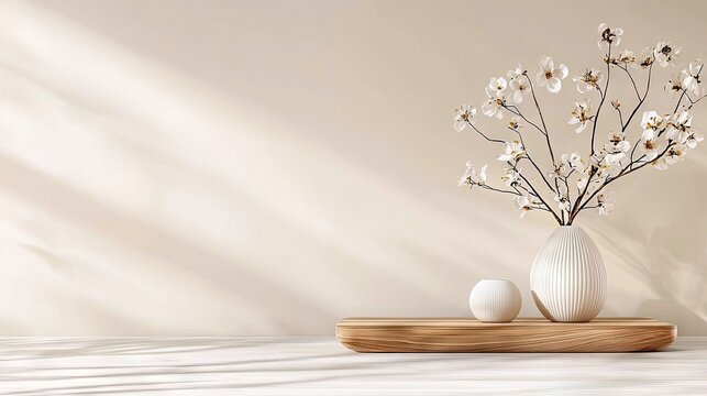 A minimalist interior scene featuring a white ribbed vase filled with delicate white flowers and a small white sphere on a wooden shelf. Soft, dappled sunlight