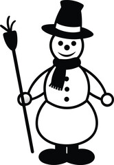 A cheerful cartoon snowman wearing a black top hat and a scarf holding a broom isolated on white background.