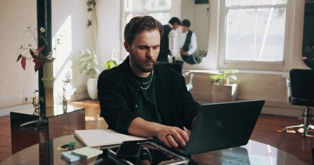 Hairdresser, salon and business man on laptop for online inventory, manage schedule and appointments. Startup, barber and person on computer for planning, calendar and website for styling service