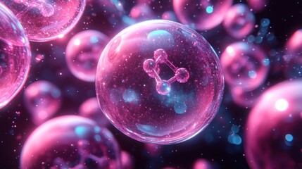 Pink spheres, glowing molecules, abstract science