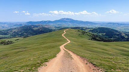 A scenic view of a winding dirt road traversing a lush green mountain ridge, leading towards a majestic mountain range in the distance under a bright blue sky w