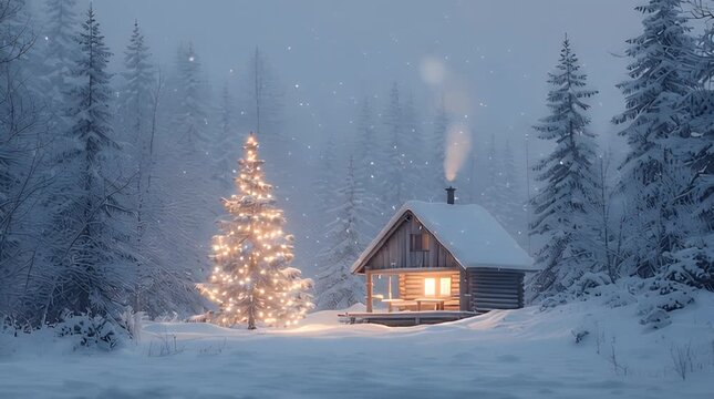 Wooden Cabin in Snowy Forest With Christmas Tree and Warm Golden Lights
