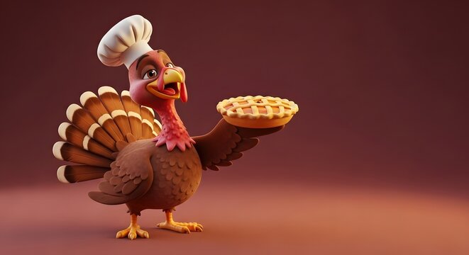 Cartoon Chef Turkey Holding Pie on Reddish-Brown Background