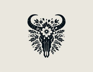 Intricate black vector silhouette of a strong bull skull with majestic horns beautifully decorated with detailed blossoms, leaves, and berries. Boho floral nature concept