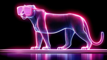 A 3D wireframe model of a panther wearing pink neon shutter sunglasses, illuminated with pink and blue neon lights against a dark, reflective background.