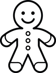 A simple line drawing of a classic gingerbread man cookie with a smiling face and three buttons down its torso isolated on white background.