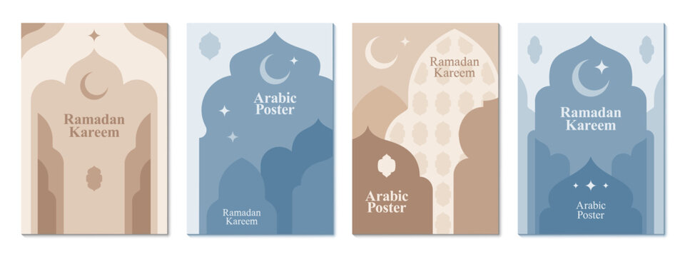 Muslim Ramadan Kareem posters with mosque shape pattern, Eid Mubarak islamic template. Vector islam lanterns, moon and stars, mosque and arches with arabian ornaments, Ramadan Kareem greeting posters - Powered by Adobe