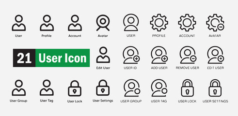 Set of 21 user icon in outline style user profile account avatar edit user group tag vector