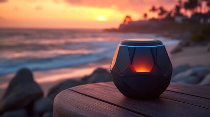 Portable speaker on beach at sunset