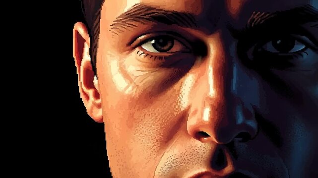 Moody cinematic close up repetition of male portrait in grid frames.