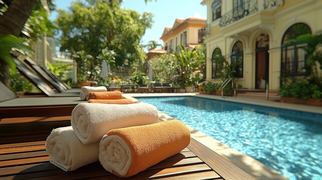 Poolside towels, sunny patio, luxury resort