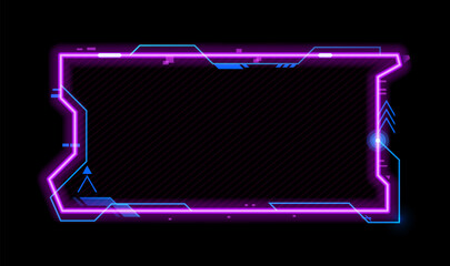 Violet neon game frame asset, hud interface overlay. Electronic UI menu vector frame, neon glow HUD design border. Digital interface overlay poster or futuristic led light user interface banner