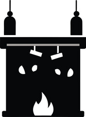 Cozy christmas fireplace with burning fire and festive stockings hanging above isolated on white background.