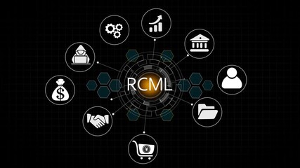 RCML text code symbol and gears in glowing blue light on a dark background representing technology innovation - Powered by Adobe