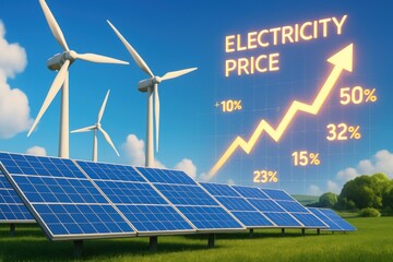 Illustration of solar panels and windmills with a rising electricity price graph
