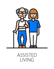 Elderly care service assisted living color line icon or pictogram. Old people nursing service sign, elderly care vector symbol. Older person help icon with nurse or caregiver accompanies elderly man