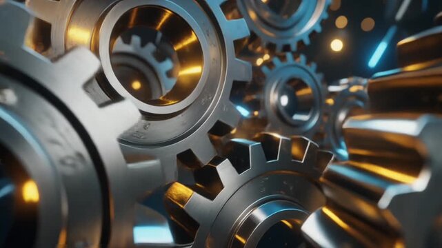 Close-up shot of interlocking metal gears, showcasing intricate mechanical details and industrial design.