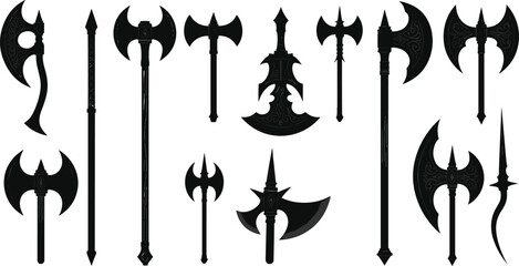 Collection of Fantasy Axe Silhouettes with Ornate Designs weapon battle