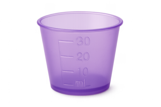 Purple plastic medicine measuring cup on transparent background