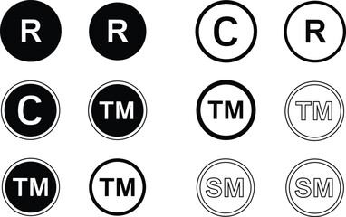Collection of trademark and copyright symbols RTMCSM in black and white registered icon