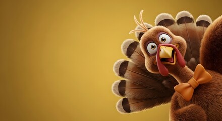 Thanksgiving Turkey Cartoon with Bow Tie and Expressive Face on Yellow Background