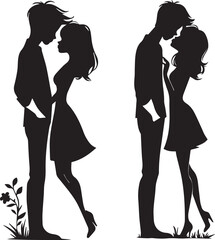 Romantic couple silhouettes embracing sweet romantic moments in artistic black and white 