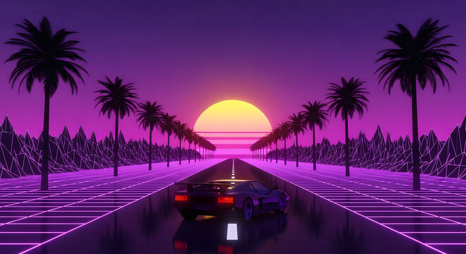 Retro car driving on highway at sunset