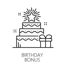 Customer birthday exclusive benefit line icon or symbol. Loyalty program gift lineart vector icon, exclusive benefit reward symbol. Special offer bonus pictogram with birthday cake, gift box and star