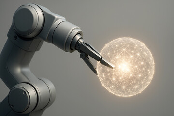 Robotic Arm Touching Glowing Data Point, Automation Concept