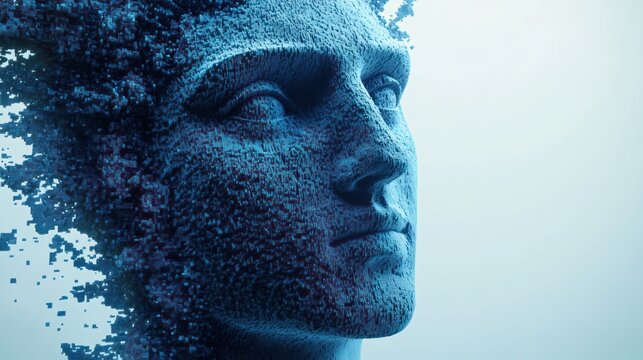 Digital Disintegration: A Blue Pixelated Male Face