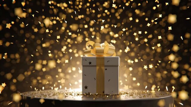 Gold gift box in luxury in shiny spotlight.Celebration and giving festival event concepts