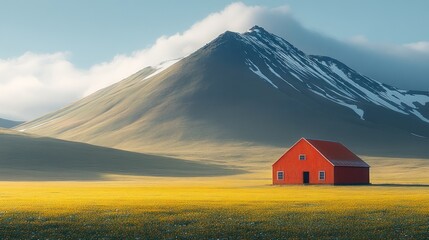 Red barn, mountains, yellow field, serene landscape