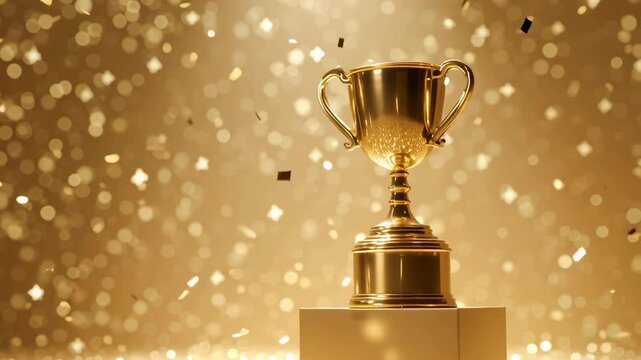 Gold luxury trophy shining with sweep angle in spotlight.Victory and goal success concepts