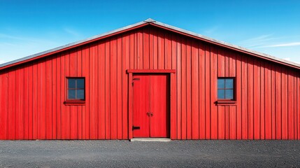 Red barn under a clear blue sky