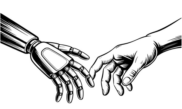 Human and Robot Hands Touching, AI Technology Interaction