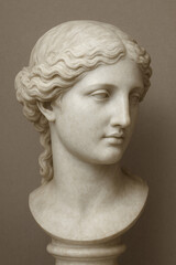"A highly detailed classical marble sculpture bust of a woman, featuring soft facial contours, elegant wavy hair, and a serene expression.