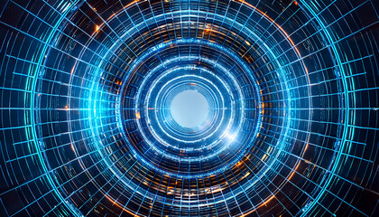 Fototapeta premium Futuristic Blue Digital Tunnel With Glowing Tech Grid