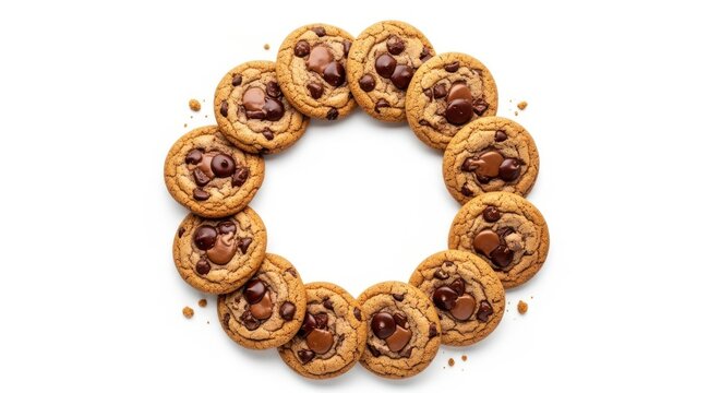 Circle arrangement of delicious chocolate chip cookie on white background