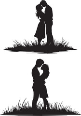 Romantic couple silhouettes embracing sweet romantic moments in artistic black and white 