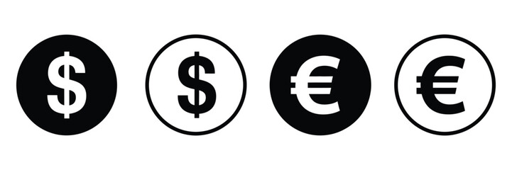 Fototapeta premium dollar and euro currency vector icons, featuring clean financial symbols for money management, payment systems, banking graphics, digital apps, and professional financial design projects.