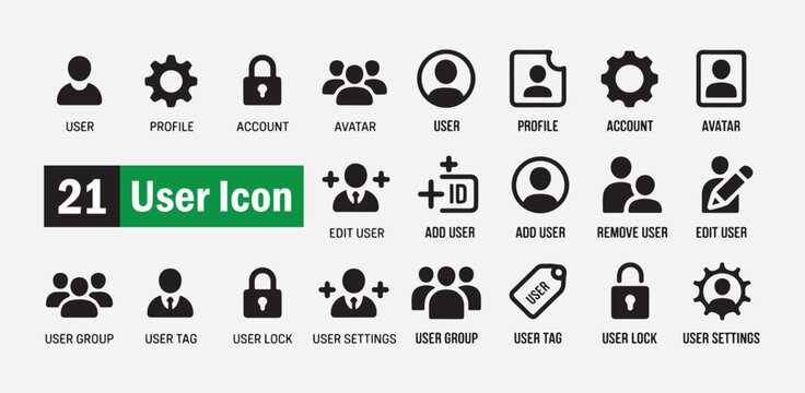 Versatile user icon set in black solid fill for profile management and account operations