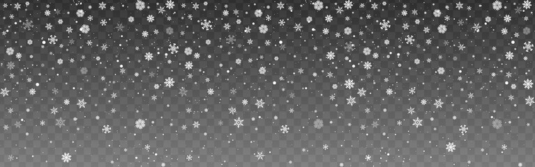 Falling white snowflakes scattered on a transparent background for seasonal and holiday designs